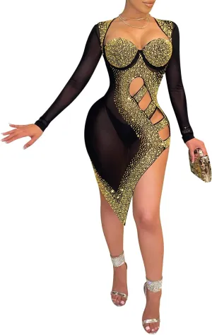 CUTUBLY Women Long Sleeve Birthday Dresses Rhinestone Cut Out Bodycon Mini Club Sexy Dress Party Club Night Dress