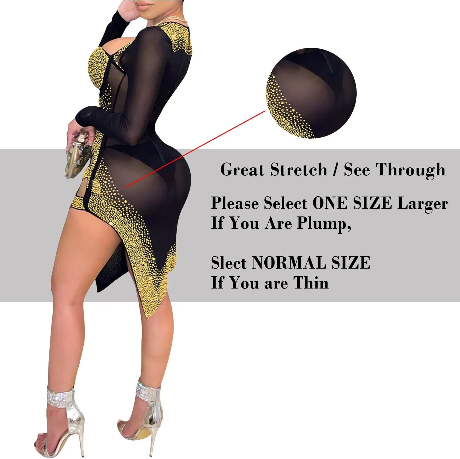 CUTUBLY Women Long Sleeve Birthday Dresses Rhinestone Cut Out Bodycon Mini Club Sexy Dress Party Club Night Dress