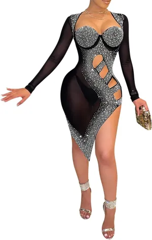 CUTUBLY Women Long Sleeve Birthday Dresses Rhinestone Cut Out Bodycon Mini Club Sexy Dress Party Club Night Dress