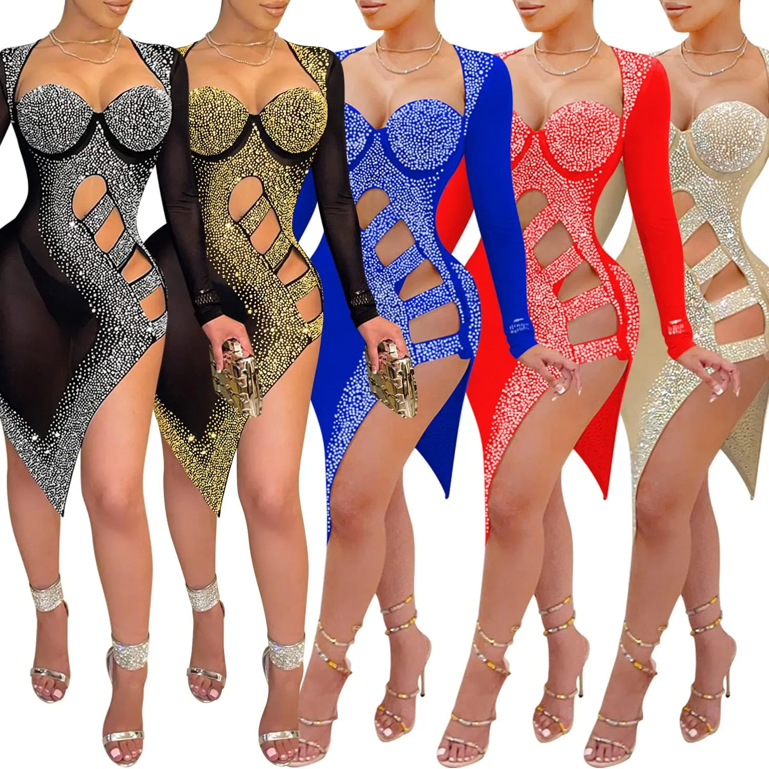 CUTUBLY Women Long Sleeve Birthday Dresses Rhinestone Cut Out Bodycon Mini Club Sexy Dress Party Club Night Dress