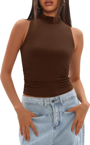 Darong Women's Tank Tops Summer Mock Neck Modal Sleeveless Shirts Slim Fit Ruched Going Out Top