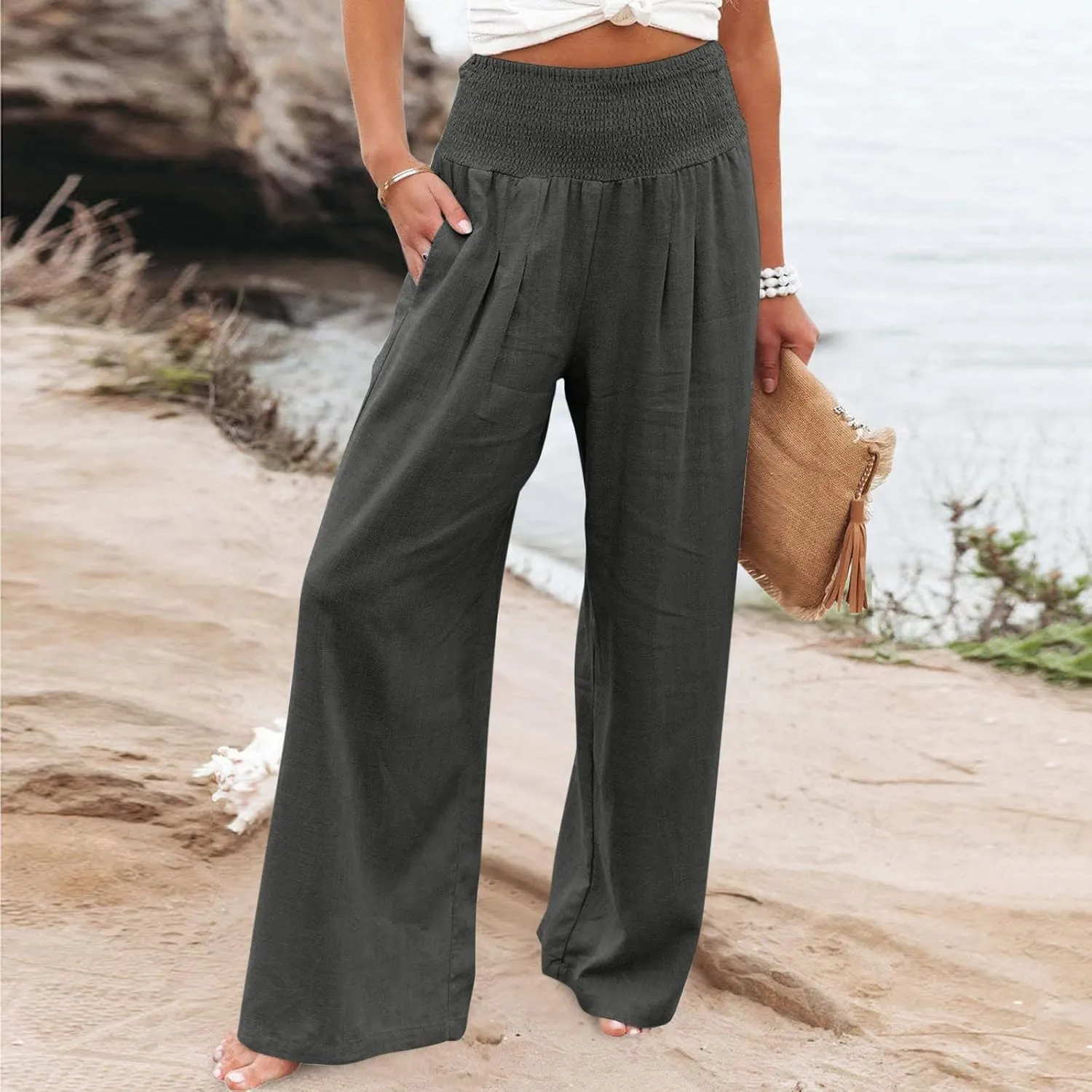 DASAYO Women's Lounge Baggy Long Pants Wide Leg High Waist Palazzo Pant Summer Beach Casual Solid Pocket Loose Linen Trousers