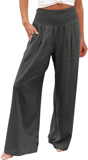 DASAYO Women's Lounge Baggy Long Pants Wide Leg High Waist Palazzo Pant Summer Beach Casual Solid Pocket Loose Linen Trousers