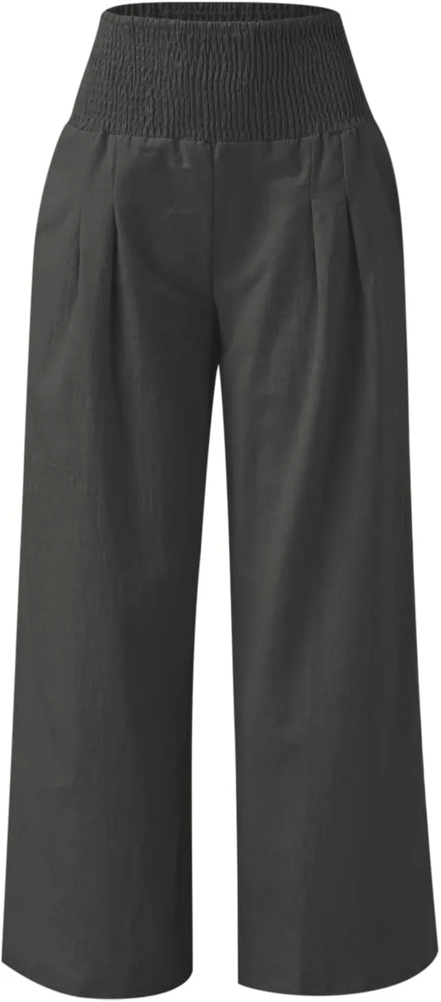 DASAYO Women's Lounge Baggy Long Pants Wide Leg High Waist Palazzo Pant Summer Beach Casual Solid Pocket Loose Linen Trousers