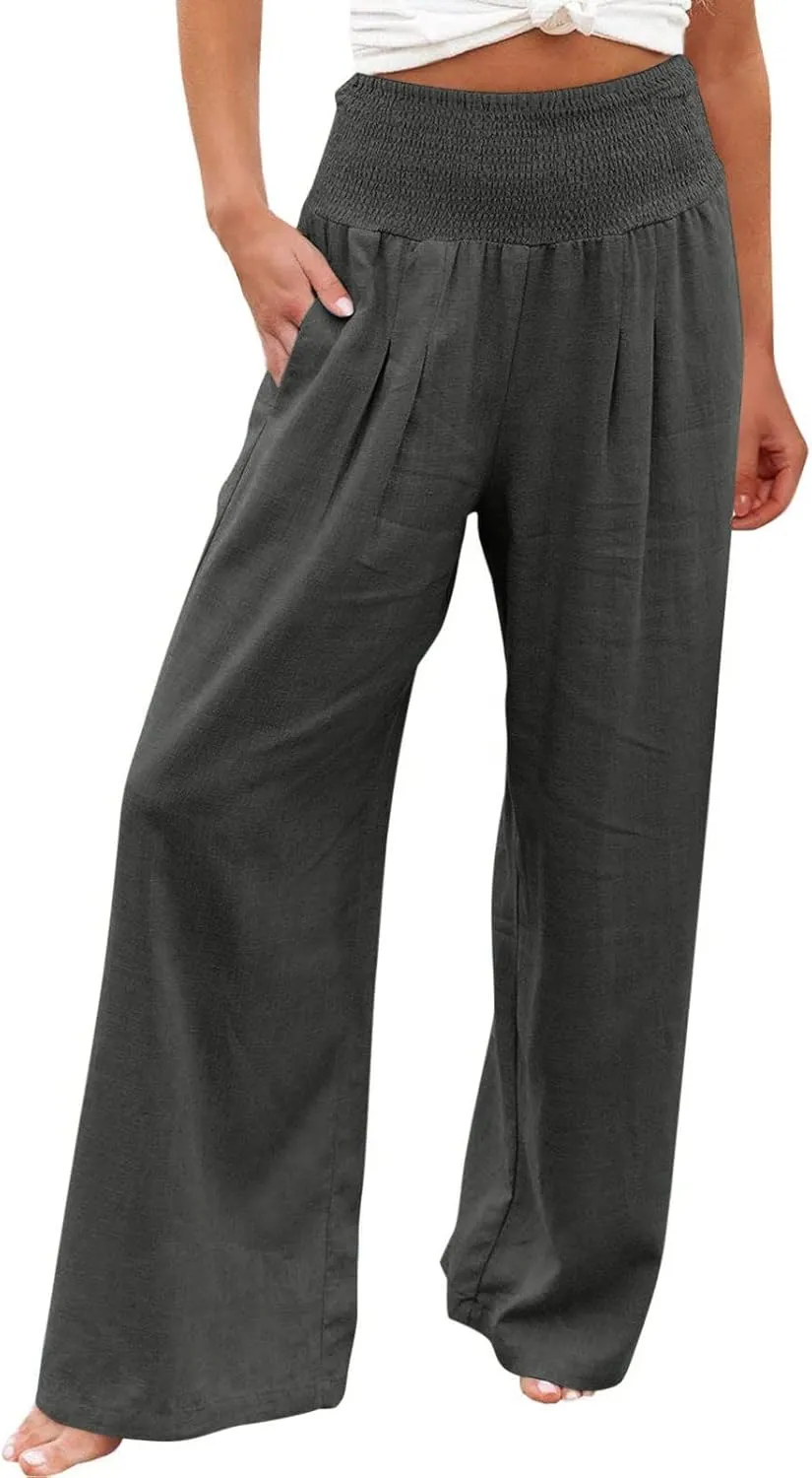 DASAYO Women's Lounge Baggy Long Pants Wide Leg High Waist Palazzo Pant Summer Beach Casual Solid Pocket Loose Linen Trousers