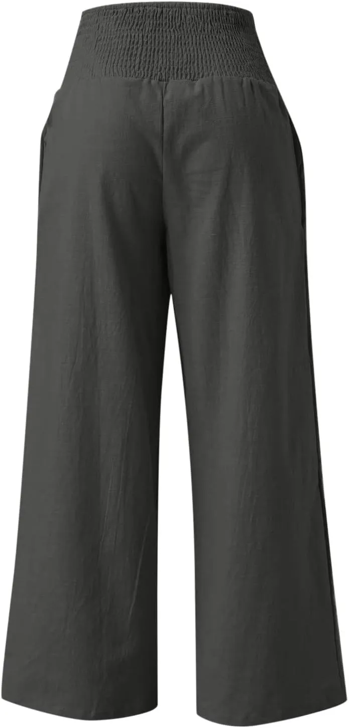 DASAYO Women's Lounge Baggy Long Pants Wide Leg High Waist Palazzo Pant Summer Beach Casual Solid Pocket Loose Linen Trousers