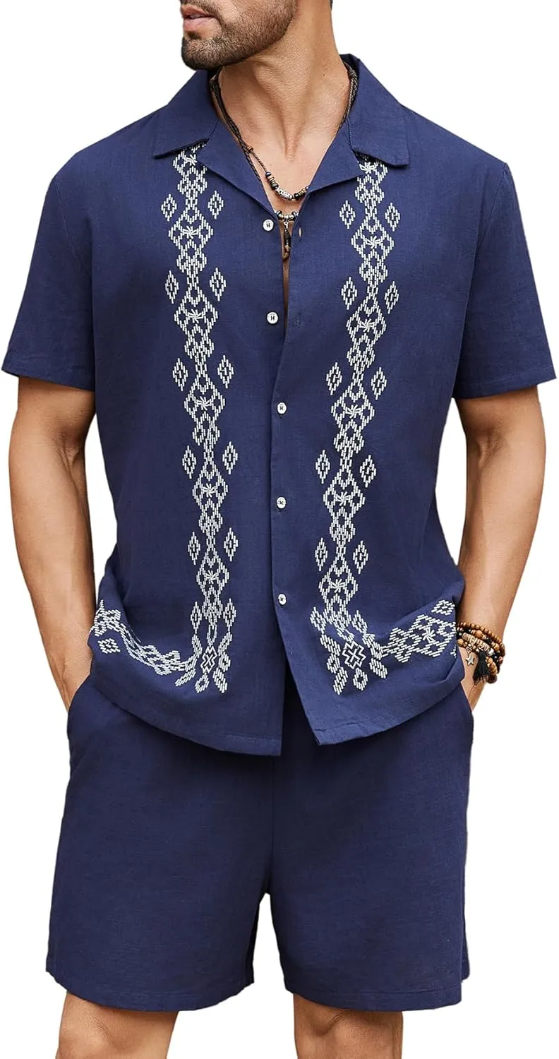 Daupanzees Men's 2 Pieces Shirt Sets Beach Guayabera Outfit Button Down Shirts and Shorts Casual Cuban Embroidered Sets
