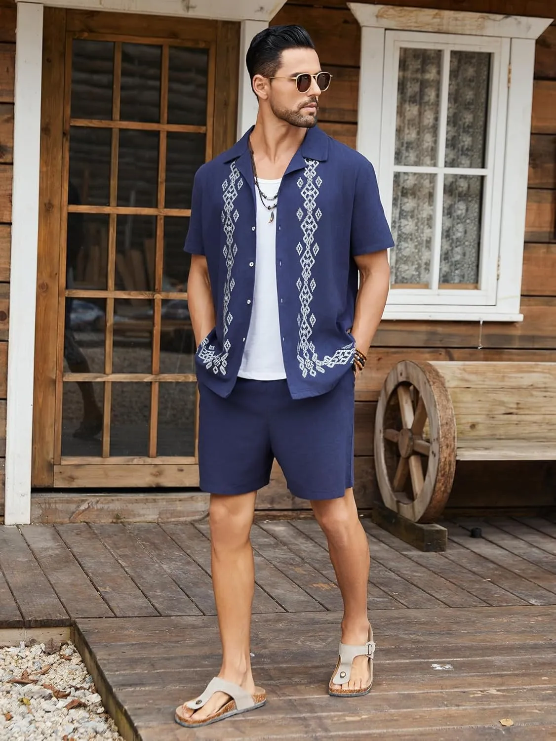 Daupanzees Men's 2 Pieces Shirt Sets Beach Guayabera Outfit Button Down Shirts and Shorts Casual Cuban Embroidered Sets