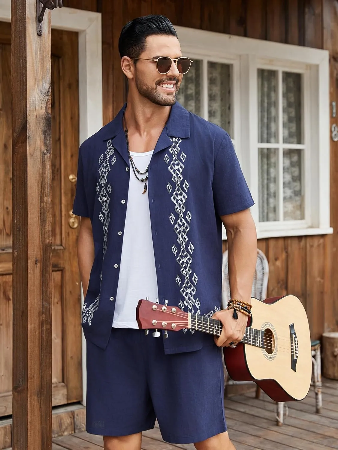 Daupanzees Men's 2 Pieces Shirt Sets Beach Guayabera Outfit Button Down Shirts and Shorts Casual Cuban Embroidered Sets