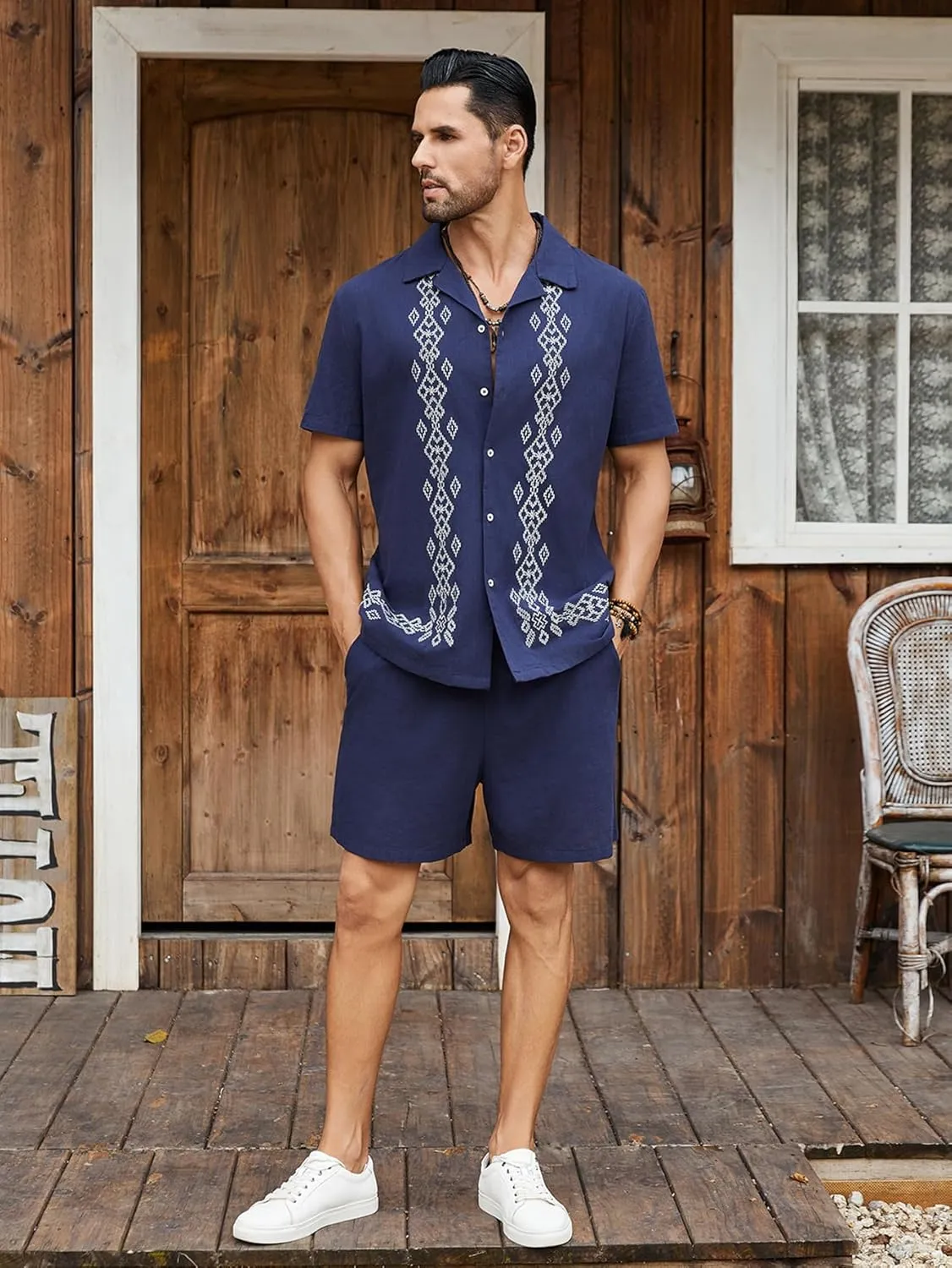 Daupanzees Men's 2 Pieces Shirt Sets Beach Guayabera Outfit Button Down Shirts and Shorts Casual Cuban Embroidered Sets