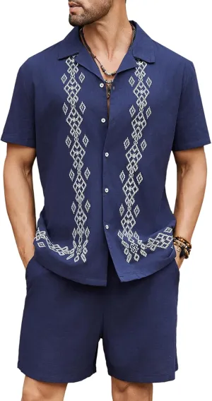 Daupanzees Men's 2 Pieces Shirt Sets Beach Guayabera Outfit Button Down Shirts and Shorts Casual Cuban Embroidered Sets