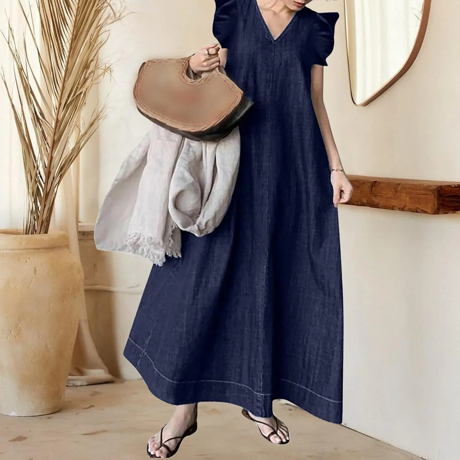 Denim Dress for Women Plus Size 2025 Sleeveless V Neck Dress Ruffle Flowy Maxi Dresses Oversized Denim Long Dresses
