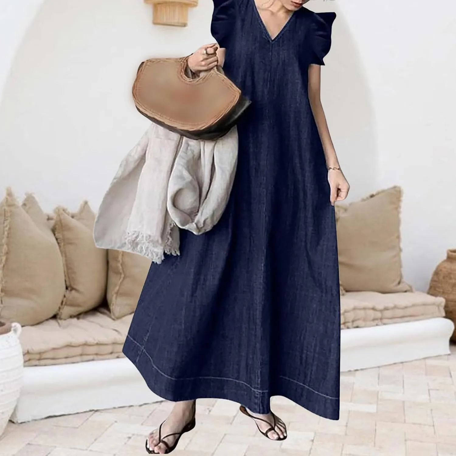 Denim Dress for Women Plus Size 2025 Sleeveless V Neck Dress Ruffle Flowy Maxi Dresses Oversized Denim Long Dresses