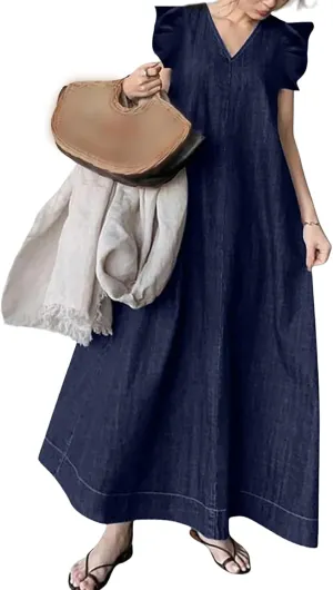 Denim Dress for Women Plus Size 2025 Sleeveless V Neck Dress Ruffle Flowy Maxi Dresses Oversized Denim Long Dresses