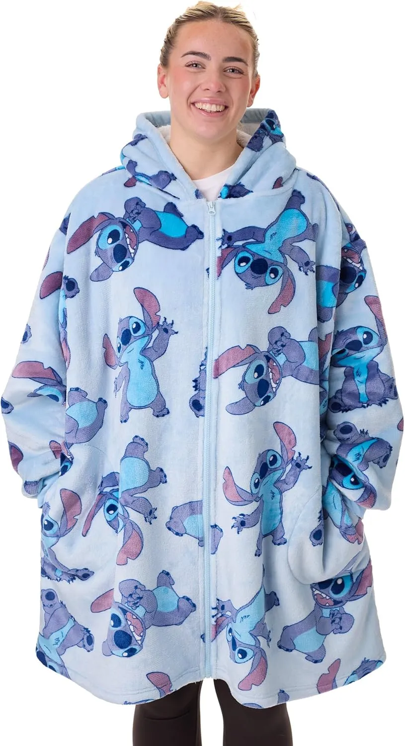 Disney Lilo & Stitch Womens Wearable Blanket Hoodie | Adults Hooded Zip Fleece in Blue | Stitch Character Print Loungewear