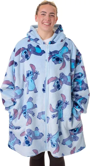 Disney Lilo & Stitch Womens Wearable Blanket Hoodie | Adults Hooded Zip Fleece in Blue | Stitch Character Print Loungewear