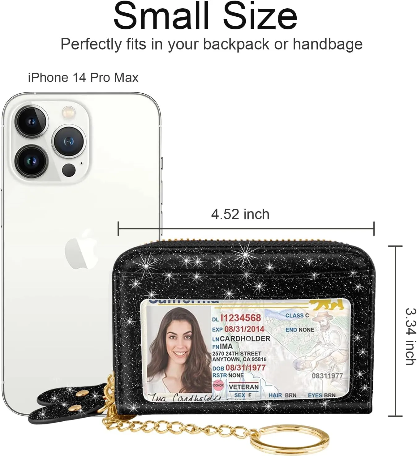 Double Zipper Credit Card Holder RFID Blocking Coin Pouch Slot Glitter Shining Leather Small Cute Card Wallet for Women with Keychain, Black Glitter