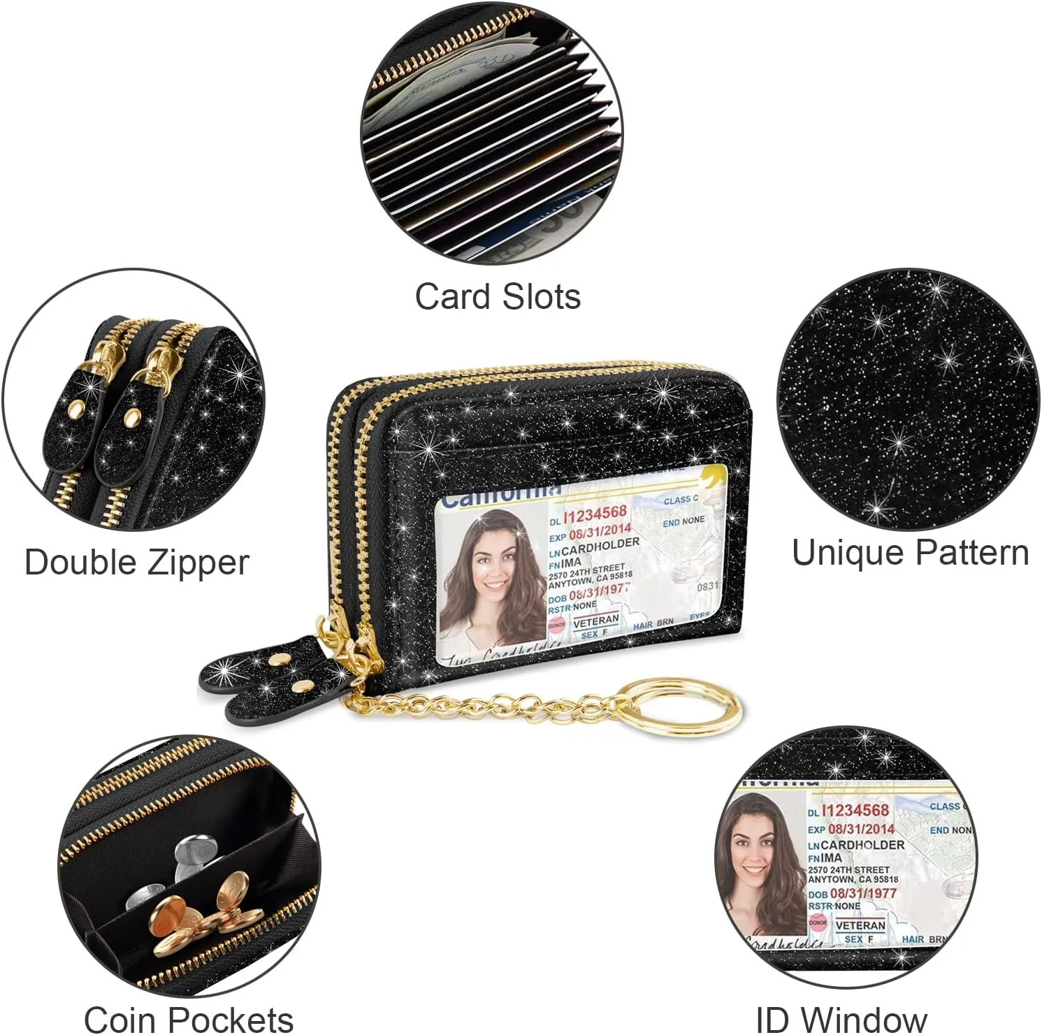 Double Zipper Credit Card Holder RFID Blocking Coin Pouch Slot Glitter Shining Leather Small Cute Card Wallet for Women with Keychain, Black Glitter