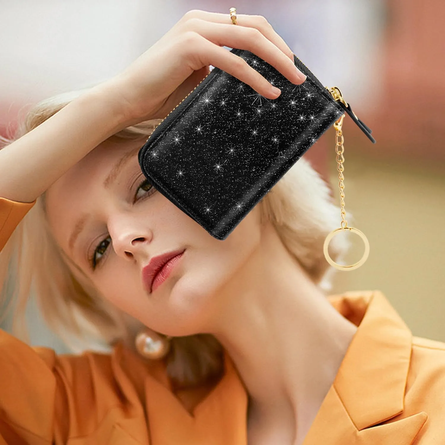 Double Zipper Credit Card Holder RFID Blocking Coin Pouch Slot Glitter Shining Leather Small Cute Card Wallet for Women with Keychain, Black Glitter