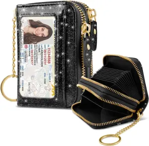 Double Zipper Credit Card Holder RFID Blocking Coin Pouch Slot Glitter Shining Leather Small Cute Card Wallet for Women with Keychain, Black Glitter