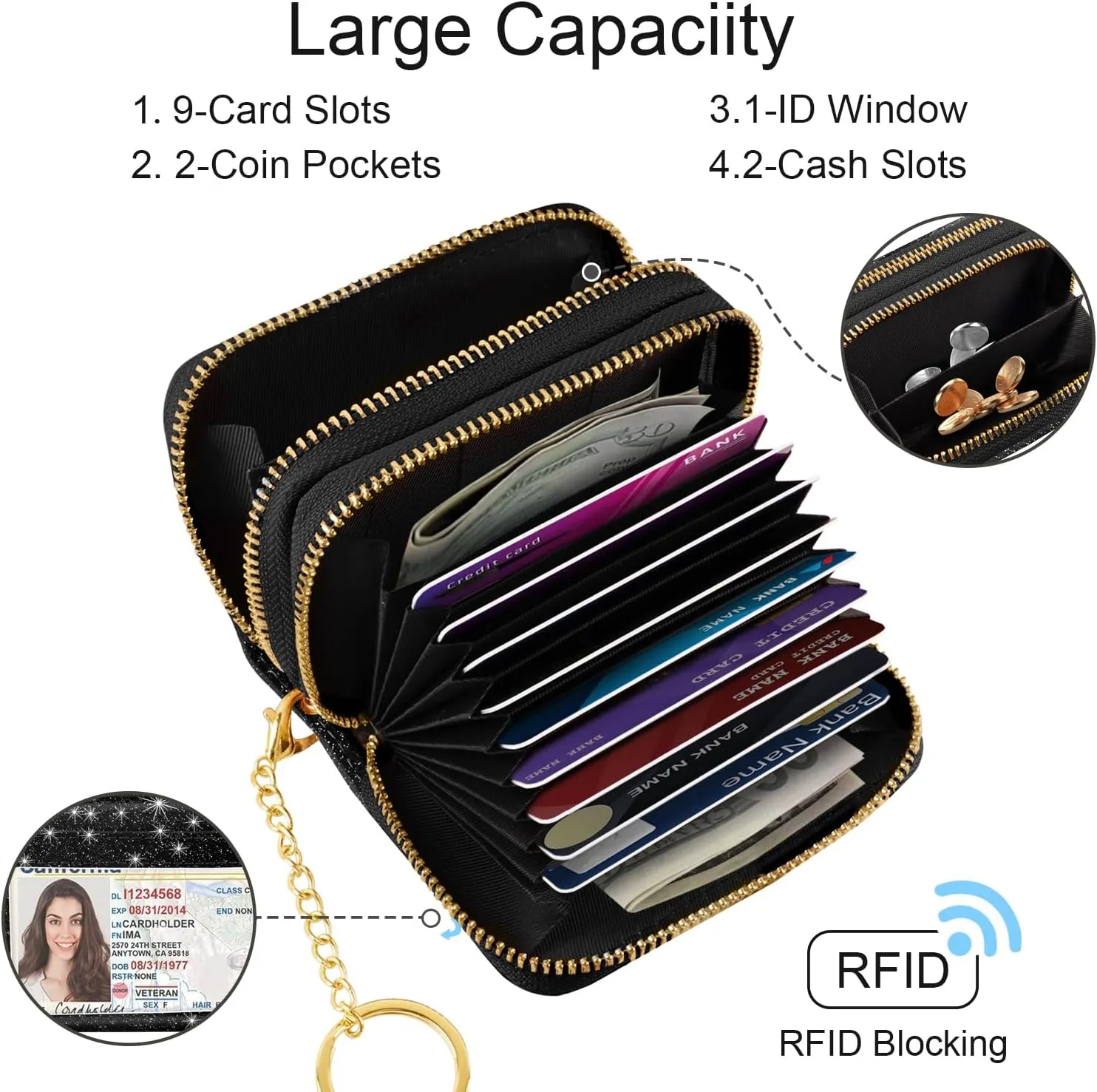 Double Zipper Credit Card Holder RFID Blocking Coin Pouch Slot Glitter Shining Leather Small Cute Card Wallet for Women with Keychain, Black Glitter