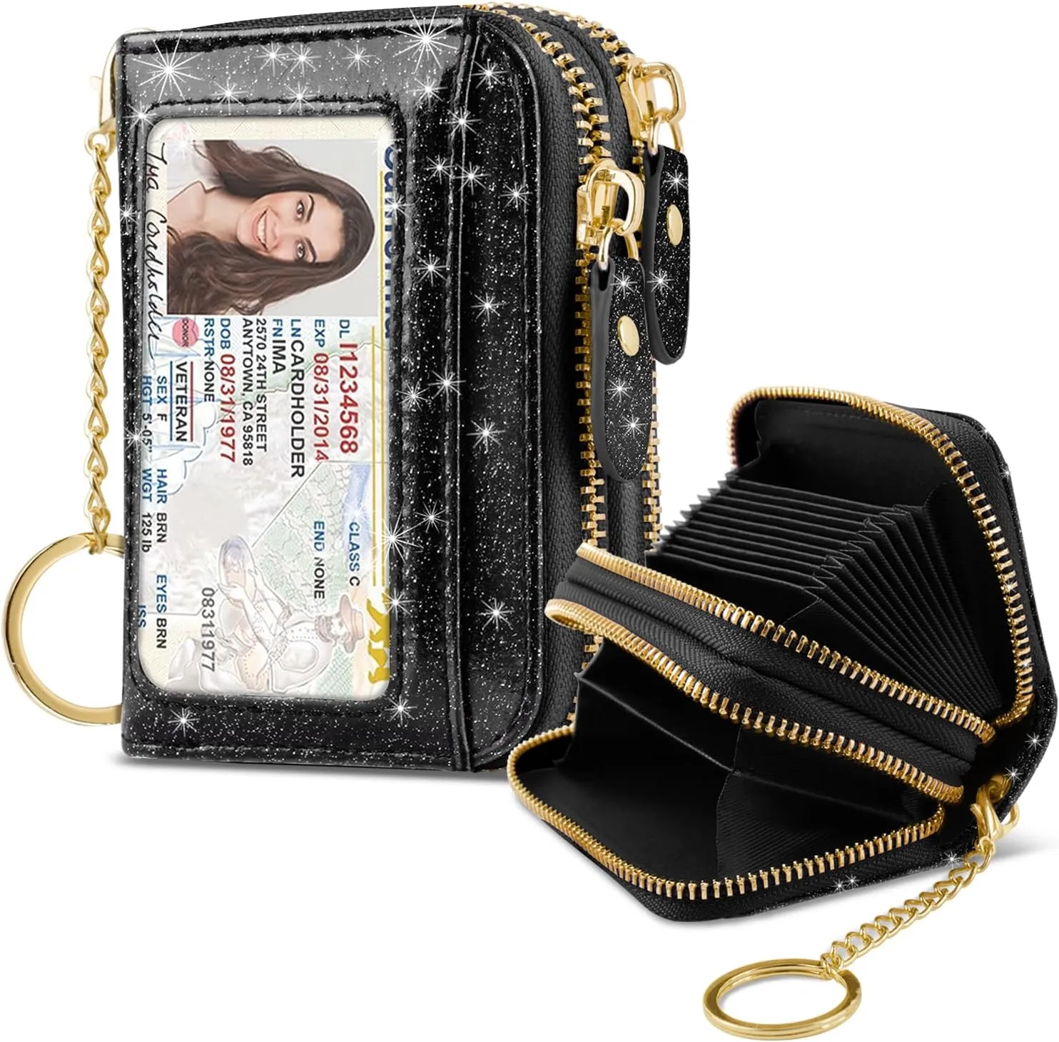 Double Zipper Credit Card Holder RFID Blocking Coin Pouch Slot Glitter Shining Leather Small Cute Card Wallet for Women with Keychain, Black Glitter