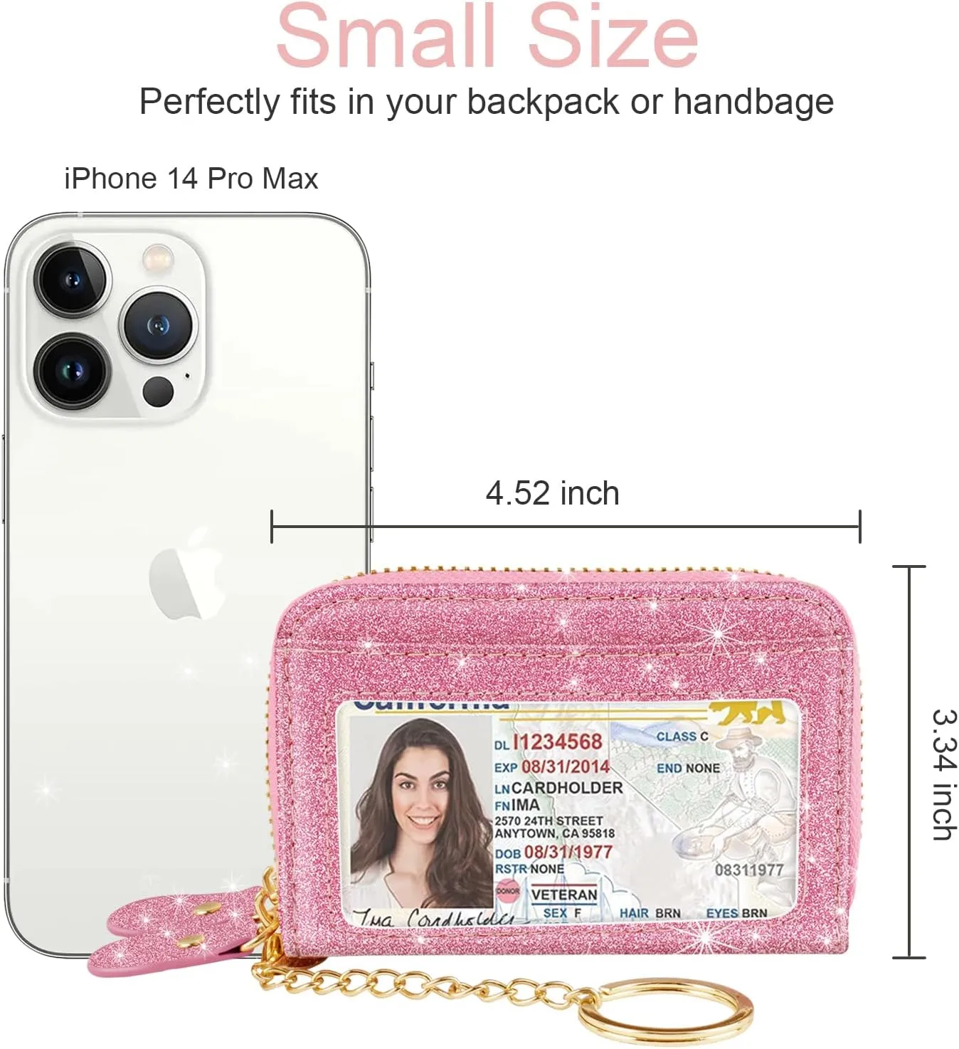 Double Zipper Credit Card Holder RFID Blocking Coin Pouch Slot Glitter Shining Leather Small Cute Card Wallet for Women with Keychain, Pink Glitter