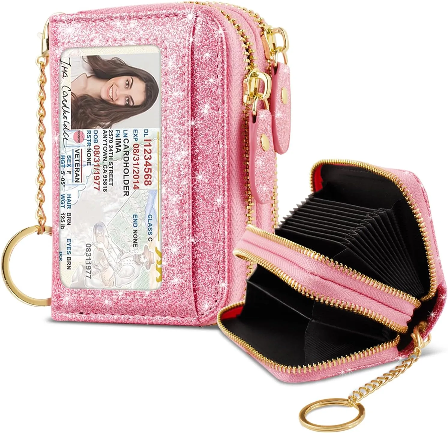Double Zipper Credit Card Holder RFID Blocking Coin Pouch Slot Glitter Shining Leather Small Cute Card Wallet for Women with Keychain, Pink Glitter