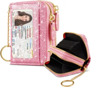 Double Zipper Credit Card Holder RFID Blocking Coin Pouch Slot Glitter Shining Leather Small Cute Card Wallet for Women with Keychain, Pink Glitter