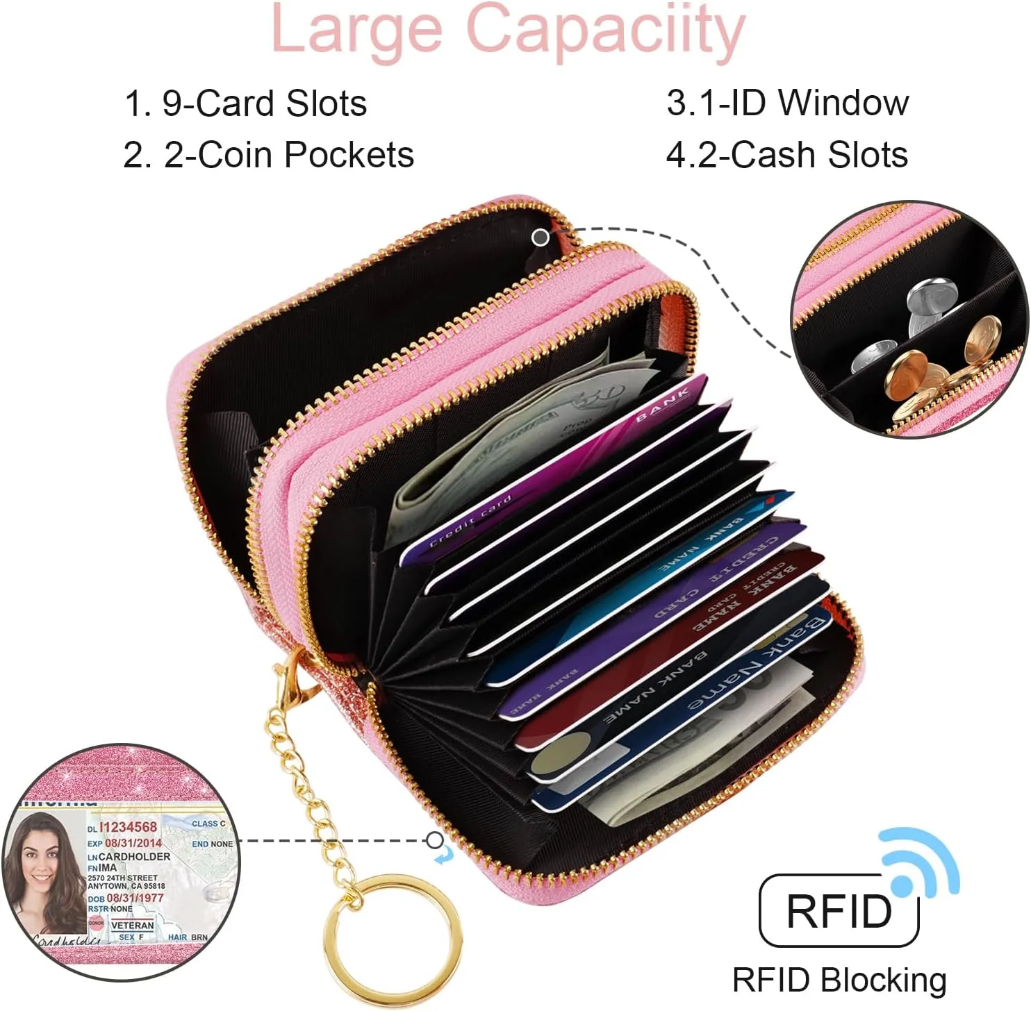 Double Zipper Credit Card Holder RFID Blocking Coin Pouch Slot Glitter Shining Leather Small Cute Card Wallet for Women with Keychain, Pink Glitter
