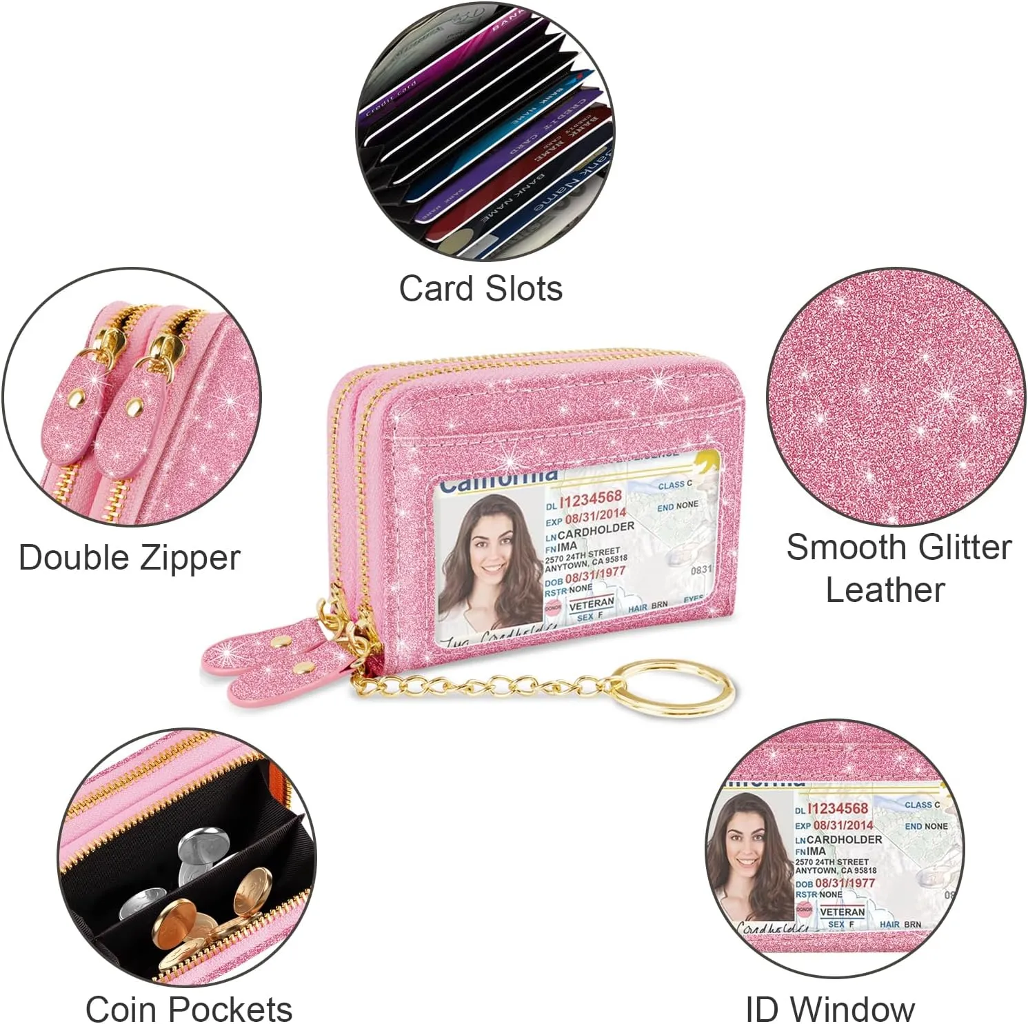 Double Zipper Credit Card Holder RFID Blocking Coin Pouch Slot Glitter Shining Leather Small Cute Card Wallet for Women with Keychain, Pink Glitter