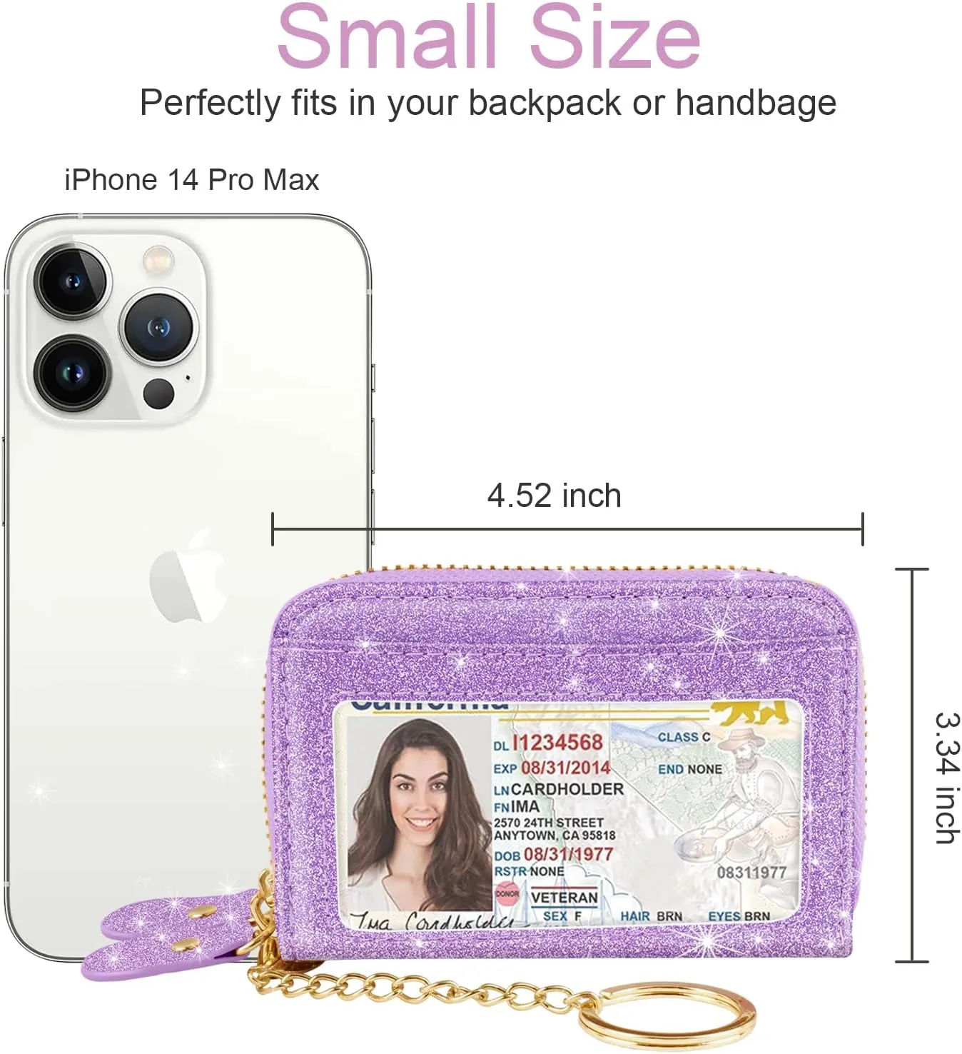 Double Zipper Credit Card Holder RFID Blocking Coin Pouch Slot Glitter Shining Leather Small Cute Card Wallet for Women with Keychain, Purple Glitter