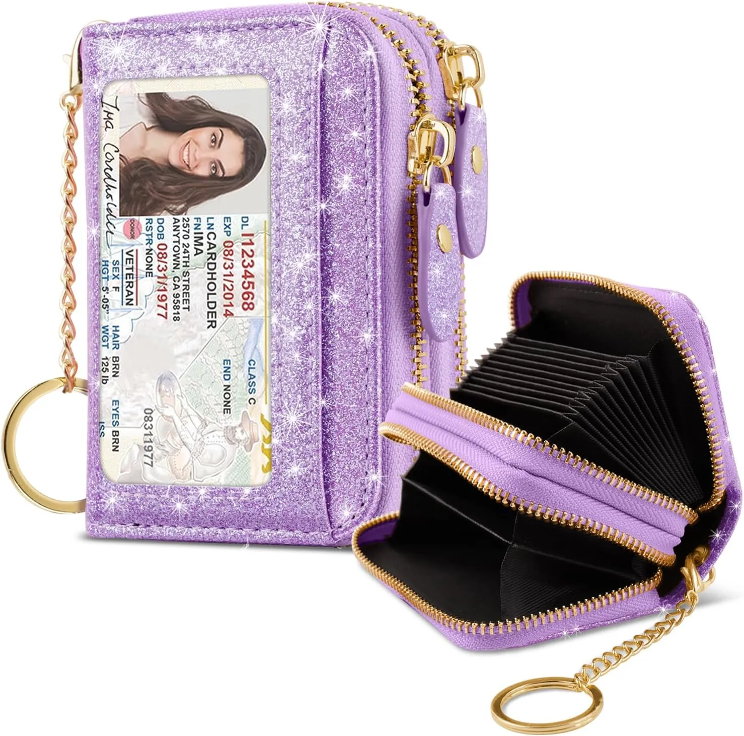 Double Zipper Credit Card Holder RFID Blocking Coin Pouch Slot Glitter Shining Leather Small Cute Card Wallet for Women with Keychain, Purple Glitter