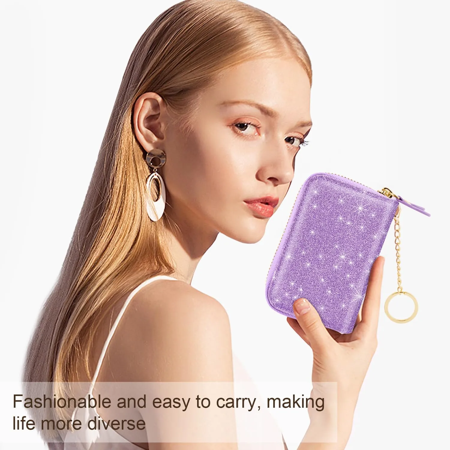 Double Zipper Credit Card Holder RFID Blocking Coin Pouch Slot Glitter Shining Leather Small Cute Card Wallet for Women with Keychain, Purple Glitter