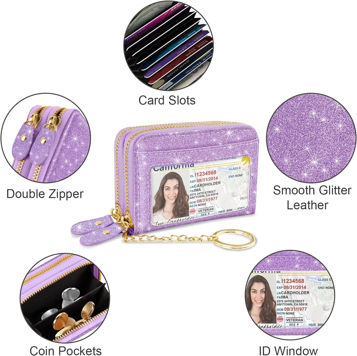Double Zipper Credit Card Holder RFID Blocking Coin Pouch Slot Glitter Shining Leather Small Cute Card Wallet for Women with Keychain, Purple Glitter