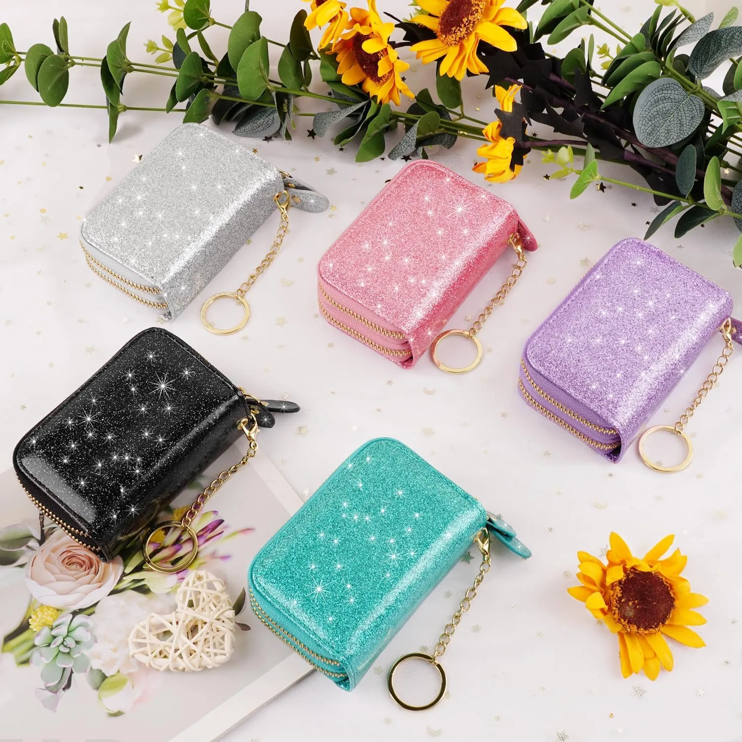 Double Zipper Credit Card Holder RFID Blocking Coin Pouch Slot Glitter Shining Leather Small Cute Card Wallet for Women with Keychain, Purple Glitter