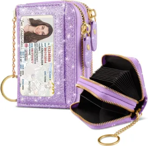 Double Zipper Credit Card Holder RFID Blocking Coin Pouch Slot Glitter Shining Leather Small Cute Card Wallet for Women with Keychain, Purple Glitter