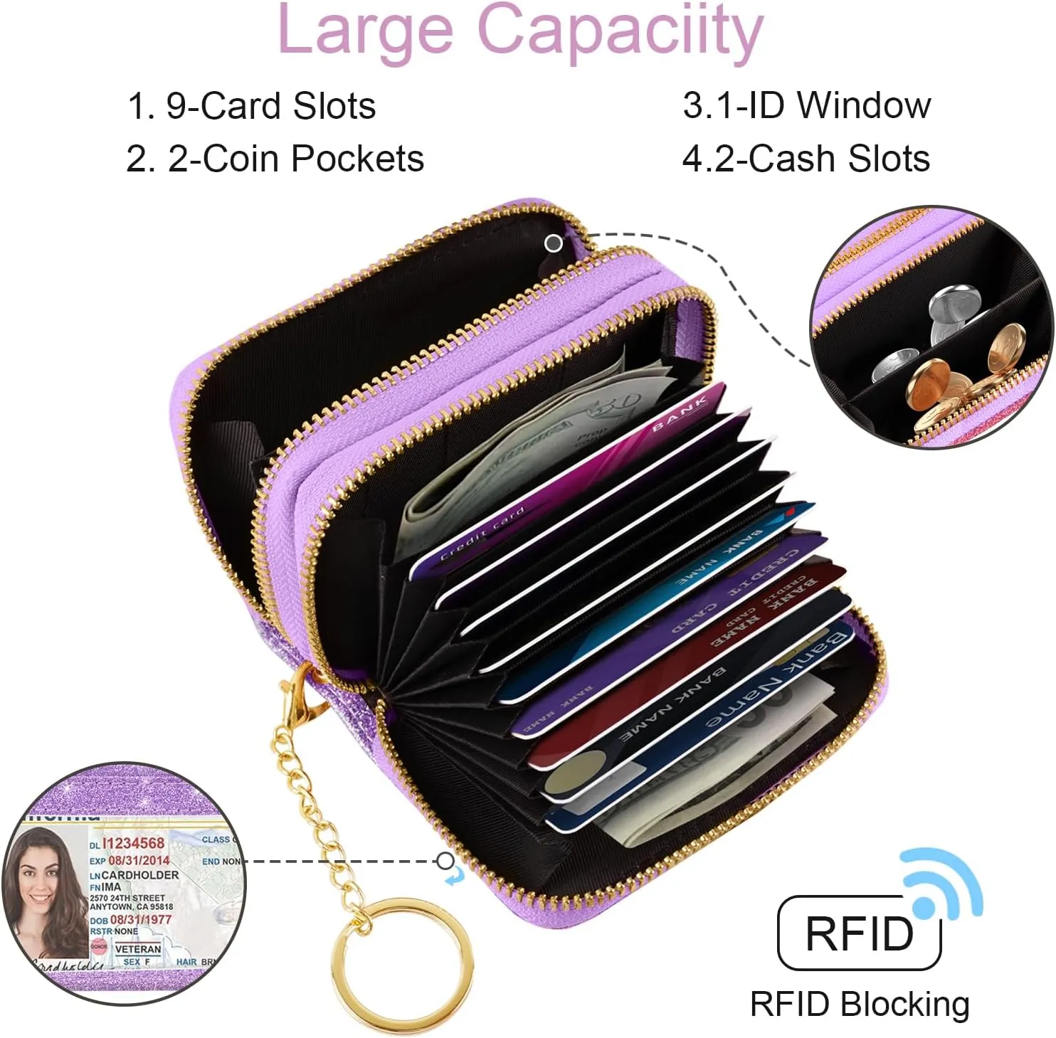 Double Zipper Credit Card Holder RFID Blocking Coin Pouch Slot Glitter Shining Leather Small Cute Card Wallet for Women with Keychain, Purple Glitter