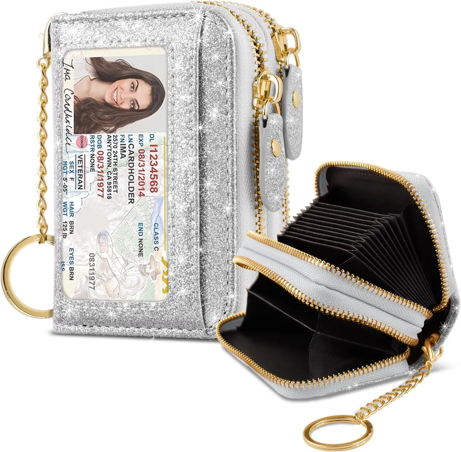 Double Zipper Credit Card Holder RFID Blocking Coin Pouch Slot Glitter Shining Leather Small Cute Card Wallet for Women with Keychain, Silver Glitter