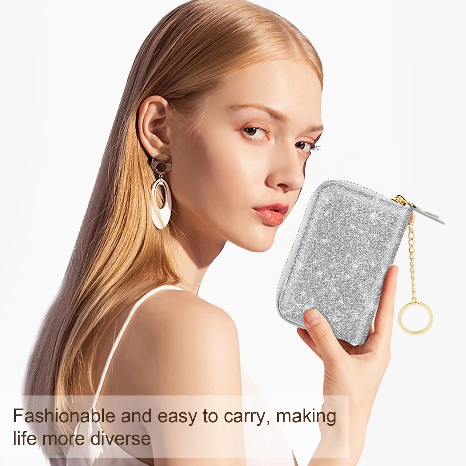 Double Zipper Credit Card Holder RFID Blocking Coin Pouch Slot Glitter Shining Leather Small Cute Card Wallet for Women with Keychain, Silver Glitter