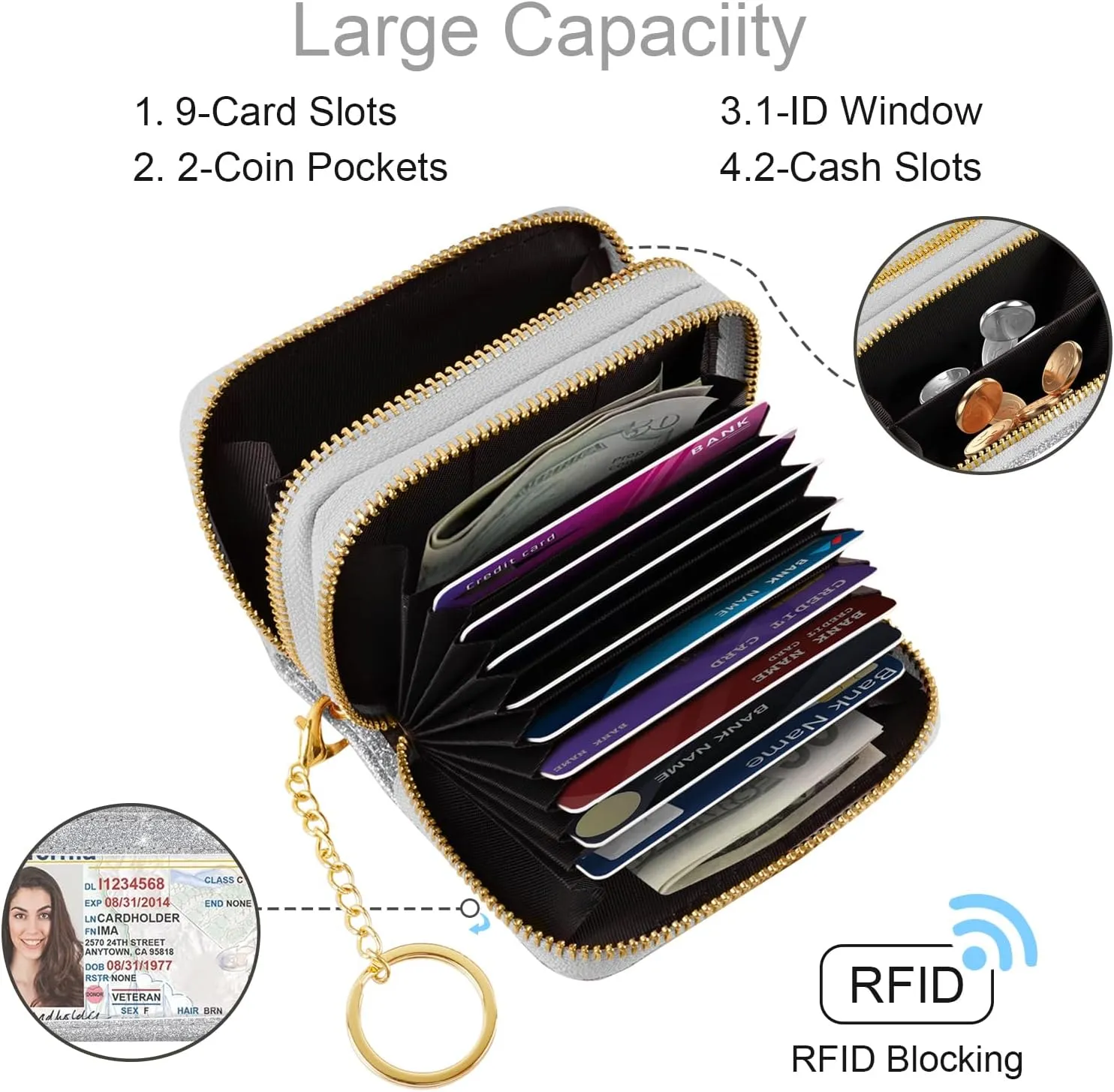 Double Zipper Credit Card Holder RFID Blocking Coin Pouch Slot Glitter Shining Leather Small Cute Card Wallet for Women with Keychain, Silver Glitter
