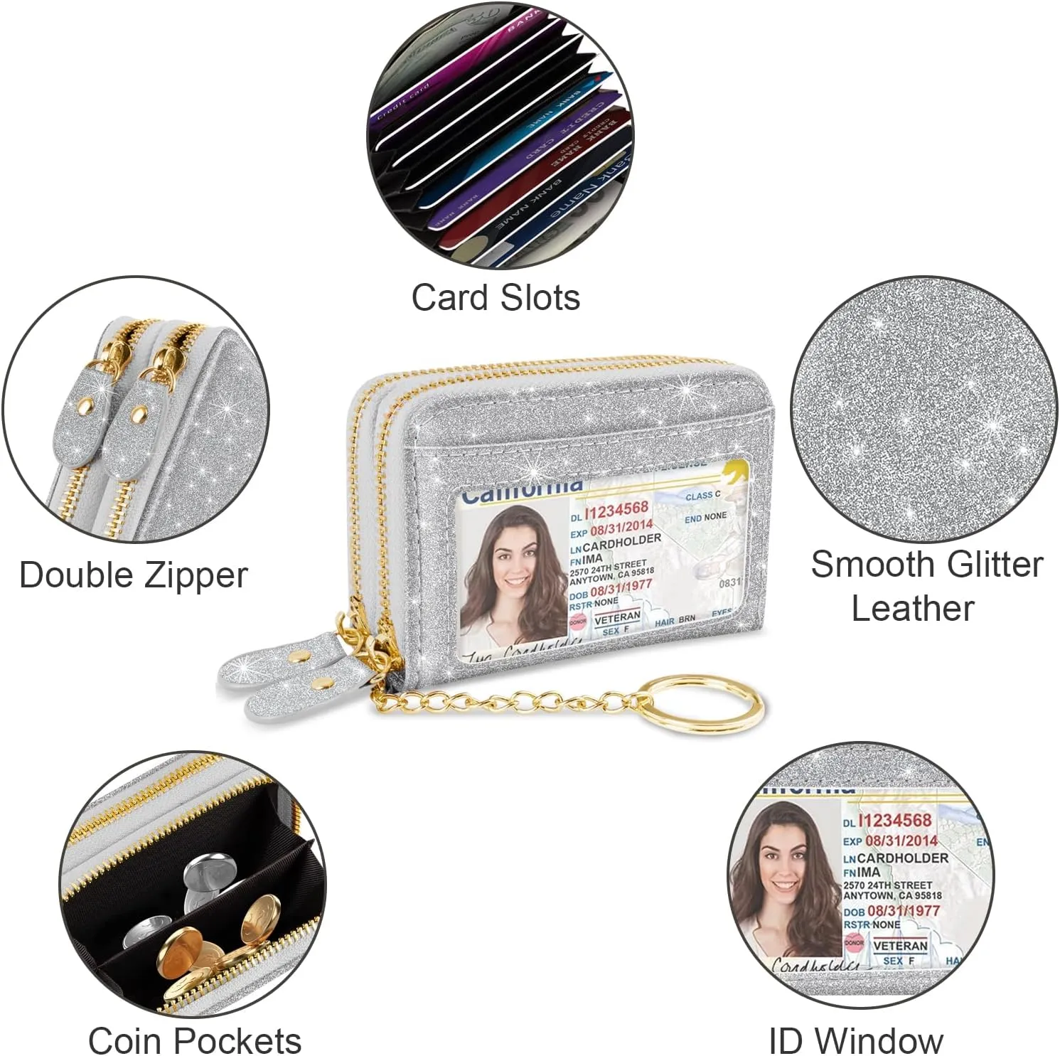 Double Zipper Credit Card Holder RFID Blocking Coin Pouch Slot Glitter Shining Leather Small Cute Card Wallet for Women with Keychain, Silver Glitter