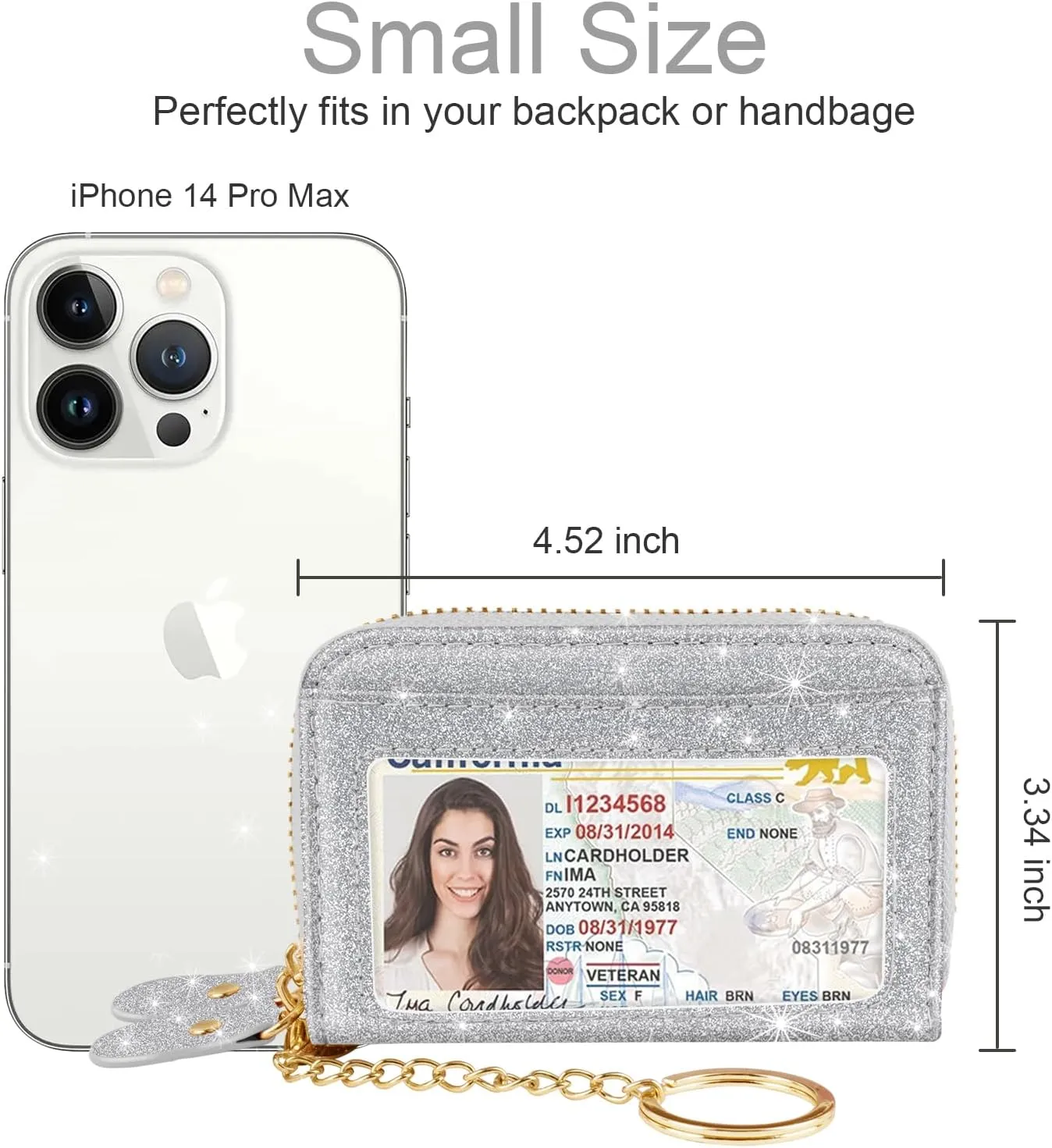 Double Zipper Credit Card Holder RFID Blocking Coin Pouch Slot Glitter Shining Leather Small Cute Card Wallet for Women with Keychain, Silver Glitter