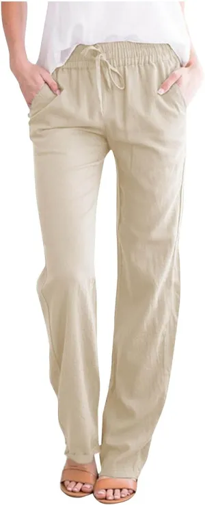 Dressy Casual Linen Pants for Women Comfy Cotton Pant Summer Beach Pants Drawstring Elastic Waist Straight Trousers