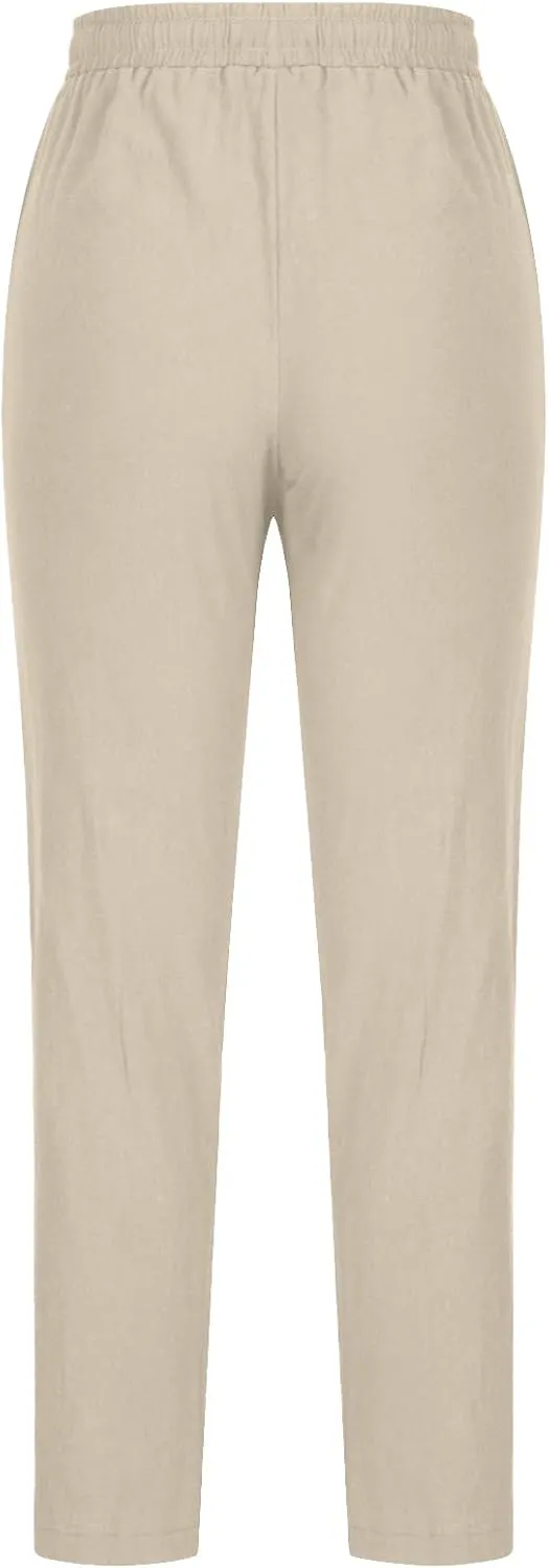 Dressy Casual Linen Pants for Women Comfy Cotton Pant Summer Beach Pants Drawstring Elastic Waist Straight Trousers