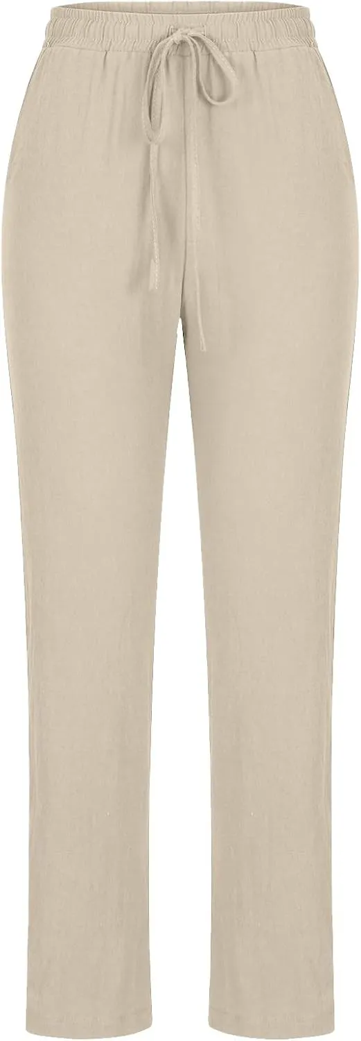 Dressy Casual Linen Pants for Women Comfy Cotton Pant Summer Beach Pants Drawstring Elastic Waist Straight Trousers