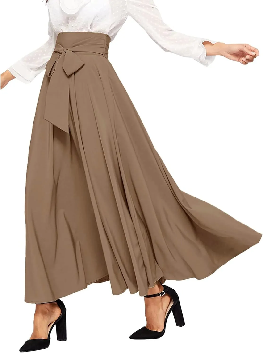 Dressy Skirts for Women Flowy Ruffle Swing High Waisted Bow Front Pleated Maxi Skirts Fall Business Work Suit Dresses