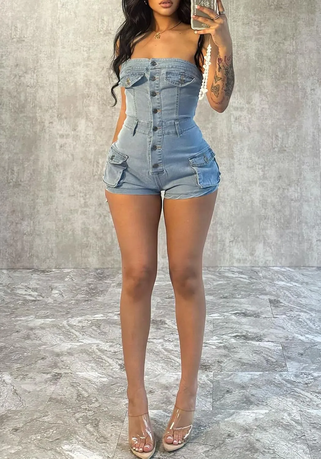 Ecirod Womens Strapless Cargo Denim Romper Summer Bodycon Backless Tube Top Jean Short Jumpsuits Sexy Clubwear