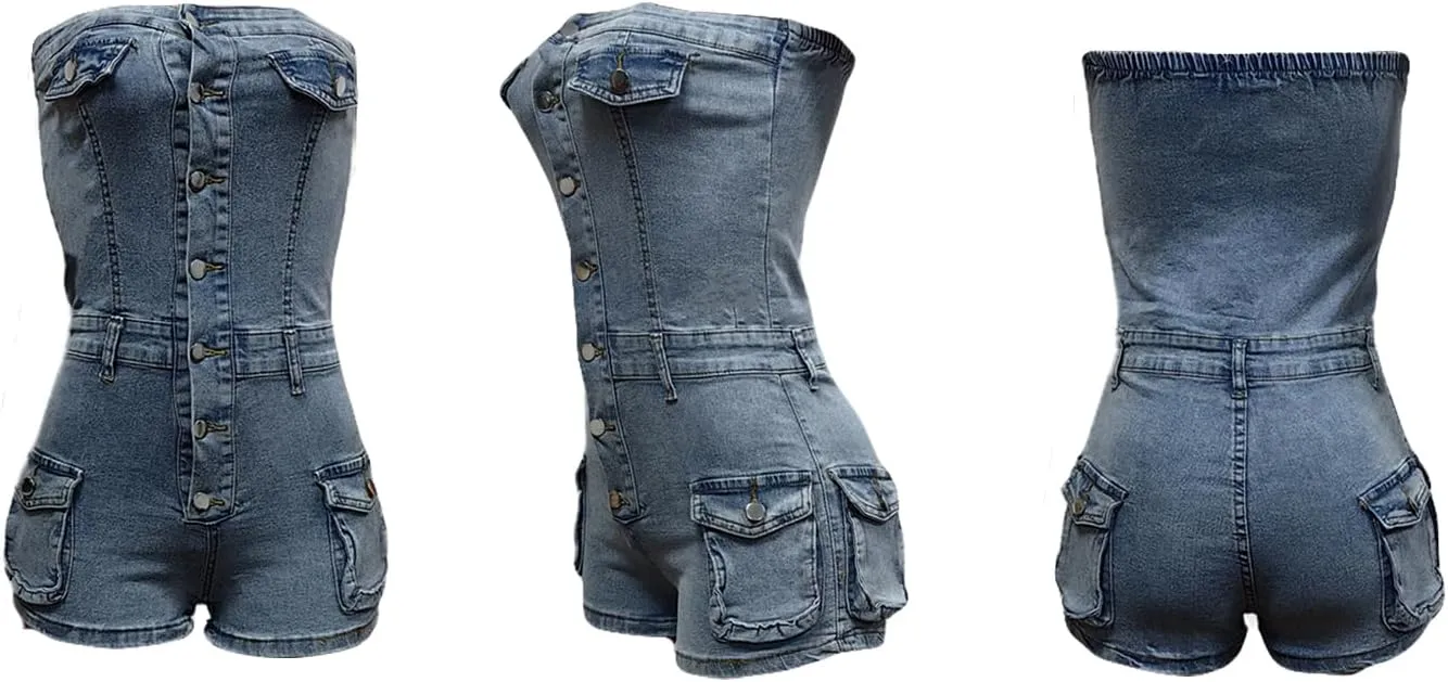 Ecirod Womens Strapless Cargo Denim Romper Summer Bodycon Backless Tube Top Jean Short Jumpsuits Sexy Clubwear