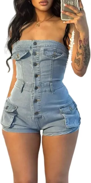 Ecirod Womens Strapless Cargo Denim Romper Summer Bodycon Backless Tube Top Jean Short Jumpsuits Sexy Clubwear